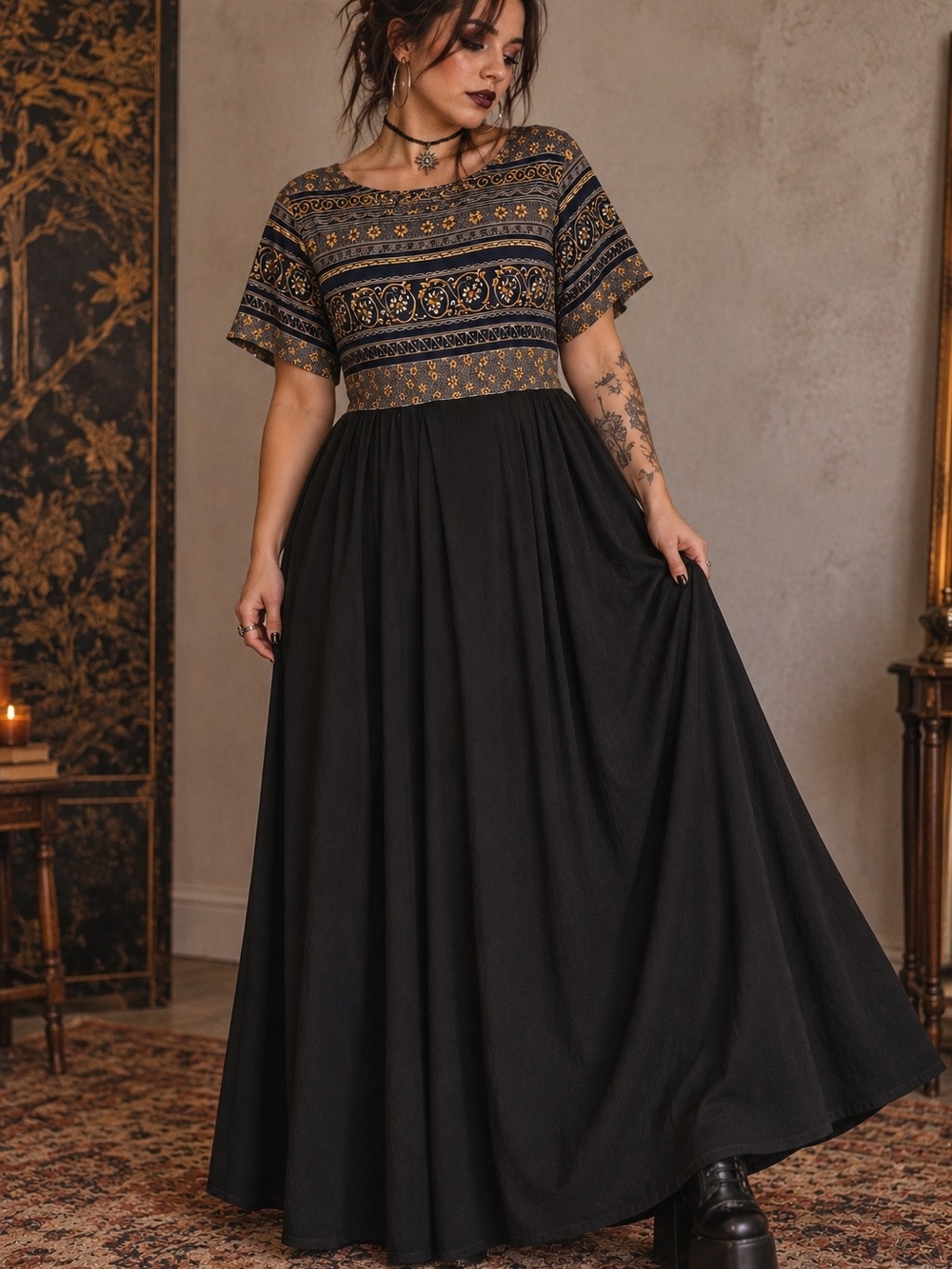 Vintage 90s Alexis Petites 12P Maxi Dress Whimsy Goth Floral Black Tie Back